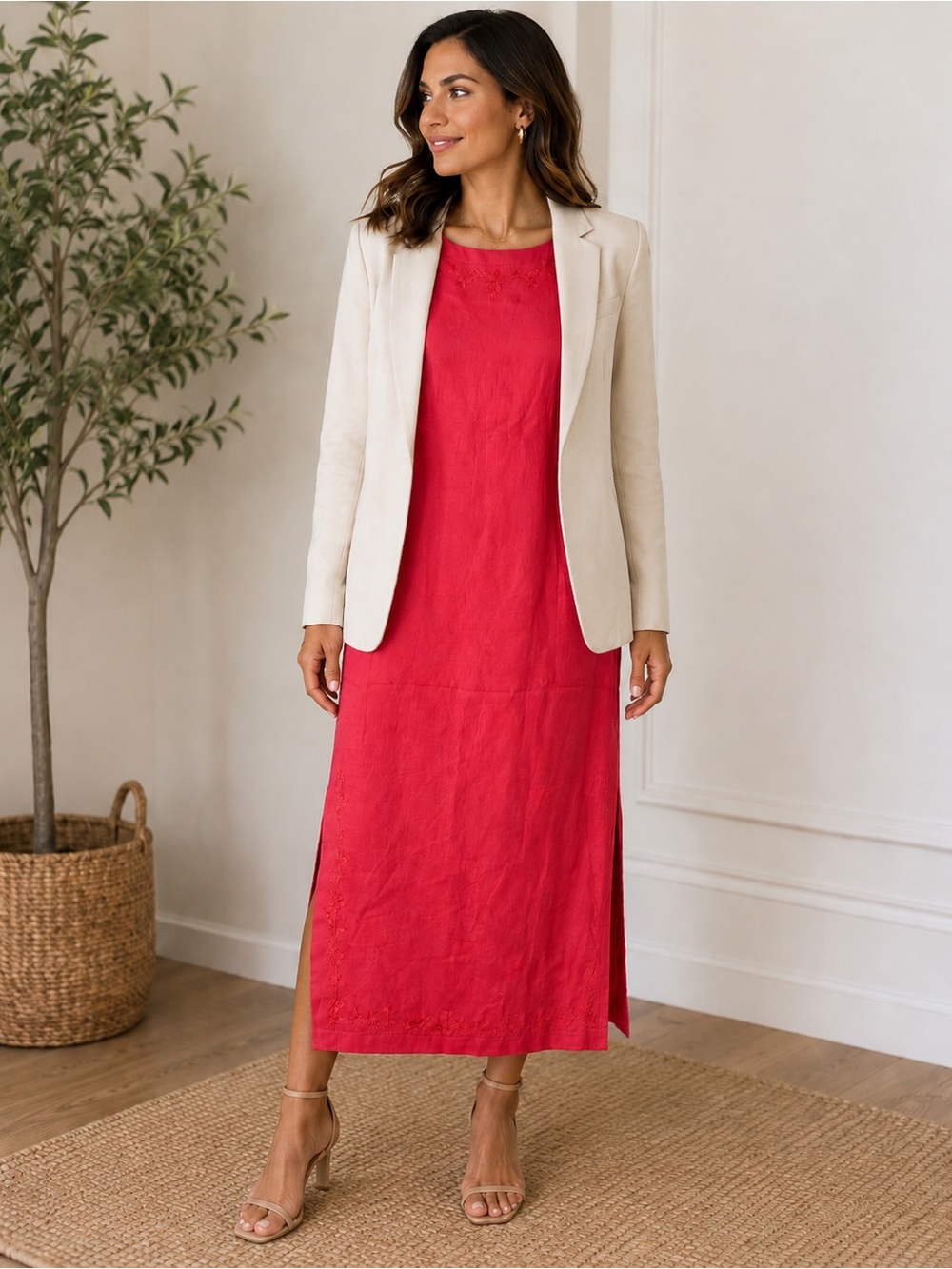 Jessica Howard Coral Linen Blend Embroidered Midi Dress Women’s Size 8